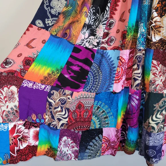 Arisa Patchwork Boho Maxi Skirt Smocked Waist Festival - Picture 4 of 6